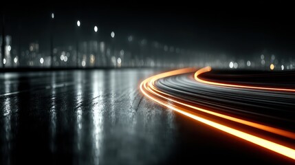 Blurry, glowing light trails from vehicle travel along a wet road at night. City lights