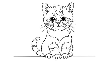 Obraz premium High-quality black continuous line art of baby kitten sitting with oversized eyes and curled tail, cute pet, minimalist animal illustration