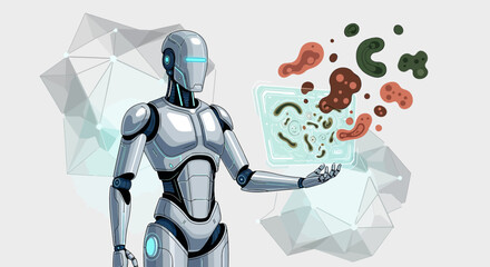 Futuristic robot examining microorganisms, merging artificial intelligence with biology for