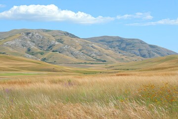 Golden grassland and hills, under a blue sky with fluffy clouds