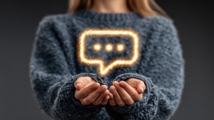 A person holds a glowing speech bubble in their hands, suggesting communication