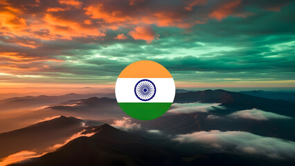 A patriotic circular emblem overlays a breathtaking mountain landscape at sunrise with vibrant orange and green clouds