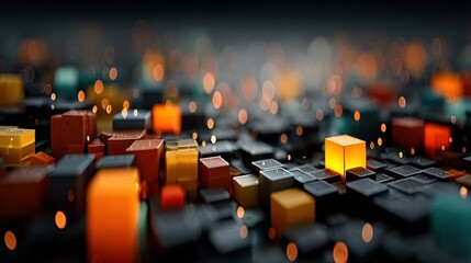 Abstract 3D rendering of colorful cubes on a grid, glowing lights, blurred background