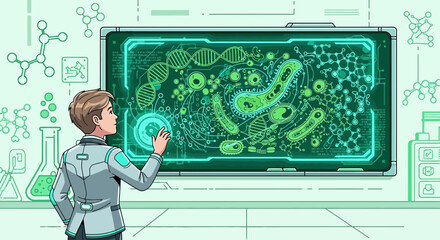 Futuristic scientist interacting with a molecular data interface in a lab environment