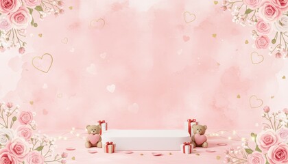 Delightful teddy bears and gifts set against a romantic pink background ideal for celebrations or special occasions charming atmosphere soft focus view love and affection theme