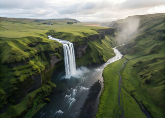 Vertical aerial view of tall waterfall cascading through lush green landscape into river below