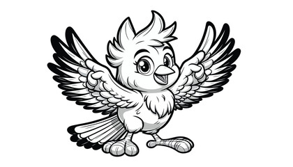 Obraz premium Vector illustration of cartoon House sparrow waving wing greeting black and white drawing For children to learn to color according to the picture.