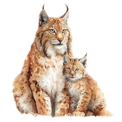 Watercolor illustration of Lynx With Its Baby, vector artwork, isolated on white background. © Andrews