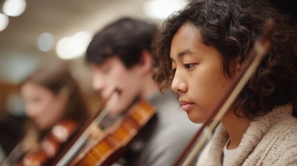 Close-up of a young woman with curly hair playing the violin. she is wearing a beige sweater and is looking off to the side with a serious expression on her face.