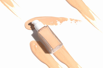 foundation primer cream lotion cosmetic for makeup, product mockup packaging tube bottle in flat lay close-up view