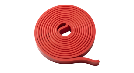 Rolled red rubber sealing strip with a U-shaped profile isolated on a transparent background