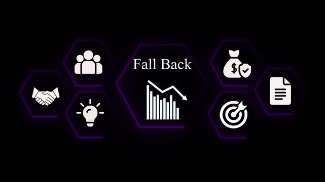Business Strategy Icons Falling Graph Money Target Idea Teamwork Handshake Document Data Analysis Financial Decline Recession Economic Downturn Corporate Strategy Planning. black background.