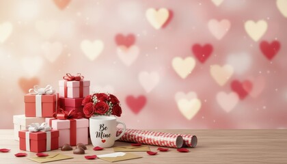 Valentine's day gift arrangement romantic setting decorative display soft pink background still life photography love and affection concept