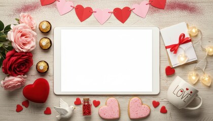 Romantic celebration setup home decorative arrangement cozy environment overhead view love and togetherness concept for valentine's day memories