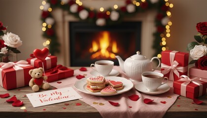 Valentine's day celebration with heart-shaped cookies and tea cozy home setting festive decor warm atmosphere intimate viewpoint romantic concept for special moments