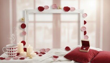 Romantic decoration setup for engagement cozy home photography soft lighting close-up view love and celebration atmosphere