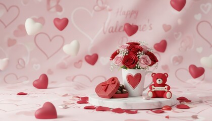 Valentine&rsquo;s day celebration with romantic roses heart-shaped chocolates and adorable teddy bears in a whimsical setting perfect for love and affection in relationships