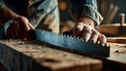 Medium shot of a craftsman filing saw blade teeth on a workbench ensuring uniform sharpness for efficient wood cutting performance.