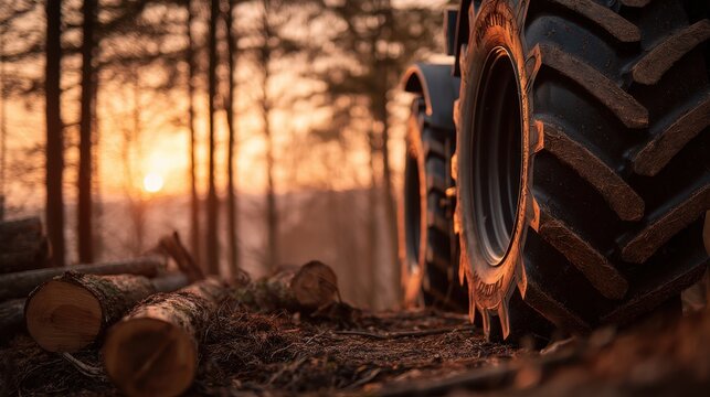 Tractor tire rests near logs in a forest during sunset. Sunlight shines through trees, creating shadows on the ground. The scene shows the end of a workday in nature