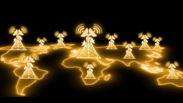 Animation of communication towers on a world map with glowing lines