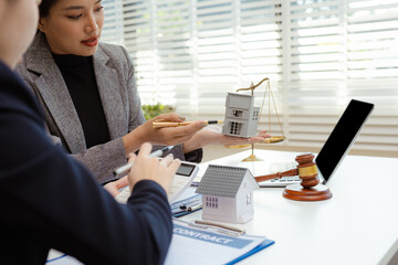 agent asking costumer for contract to buy, get insurance or loan real estate or property.