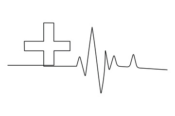 Medical cross and heartbeat pulse line in continuous one line drawing style