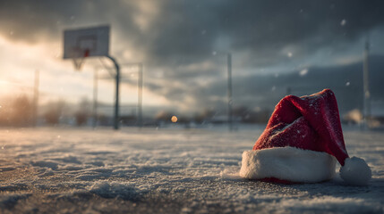 Santa hat on winter snowy basketball court, hoop and ball in background. Concept of Christmas celebration blending with resting summer sport field.