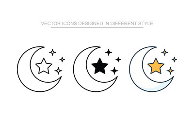 Moon and Stars icon set in different style with white background illustration