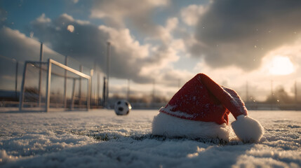 Santa hat on winter snowy soccer field, goal and ball in background. Concept of Christmas celebration blending with resting summer sport field.