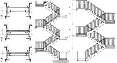 Multi level staircase technical drawing showing sections, elevations, and construction details, architectural stair design blueprint in precise black and white line art