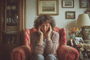 a middle aged woman struggling with headache at home, Generative AI