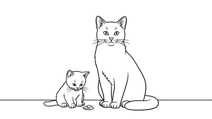 Cat and Kitten Parent Baby Line Art Illustration in Black and White
