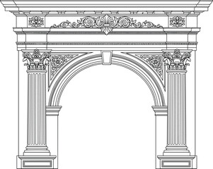 Classic neoclassical architectural arch with ornate columns and decorative reliefs, detailed black and white line art illustration
