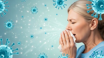 Woman sneezing while viruses surround her in a digital representation