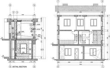 Detailed residential building section drawing showing architectural construction layout, dimensions, structural elements, interior spaces, technical blueprint illustration