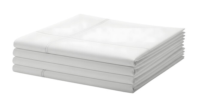 Stack of folded white bed sheets with stitched seams isolated on a transparent background
