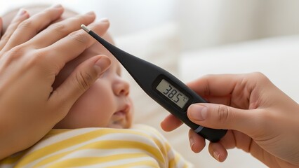 Taking temperature of baby with digital thermometer at home during the day