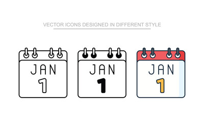 January 1st icon set in different style with white background illustration