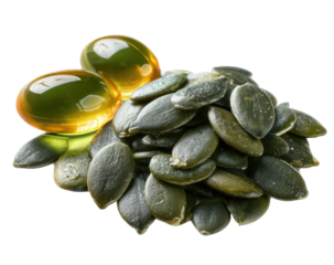 Pumpkin seeds with two soft-gel capsules on a dark background