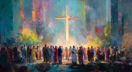 Religion cross worship crowd painting emotional spiritual light