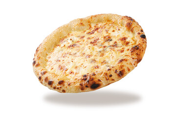 Angled cheese pizza with melted mozzarella baked crust isolated on white background