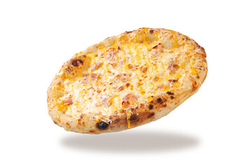 Angled cheese pizza with ham corn melted cheese and baked crust isolated