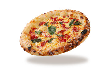 Angled margherita pizza isolated on white background with visible crust texture and basil leaves