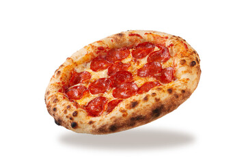 Angled pepperoni pizza with spicy salami melted cheese and baked crust isolated