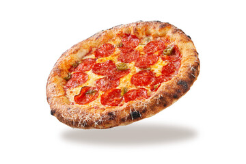 Angled pepperoni pizza with spicy salami melted cheese jalapeno and honey isolated