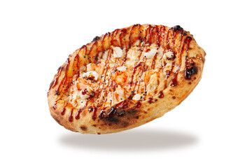 Angled pizza with shrimp cream cheese sesame and teriyaki sauce baked crust