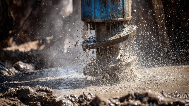 A drilling machine operates at a construction site. Water sprays and mud splashes as the drill goes into the ground. Dust and debris fill the air from the active construction work