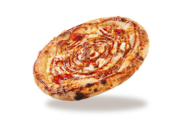 Fresh baked meat pizza with bacon sausages fried onion melted cheese and sauce