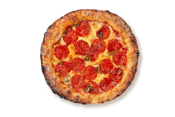 Top view pepperoni pizza with spicy salami jalapeno honey and melted cheese isolated