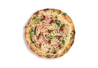 Top view pizza with ham mushrooms cheese sauce and fresh herbs isolated